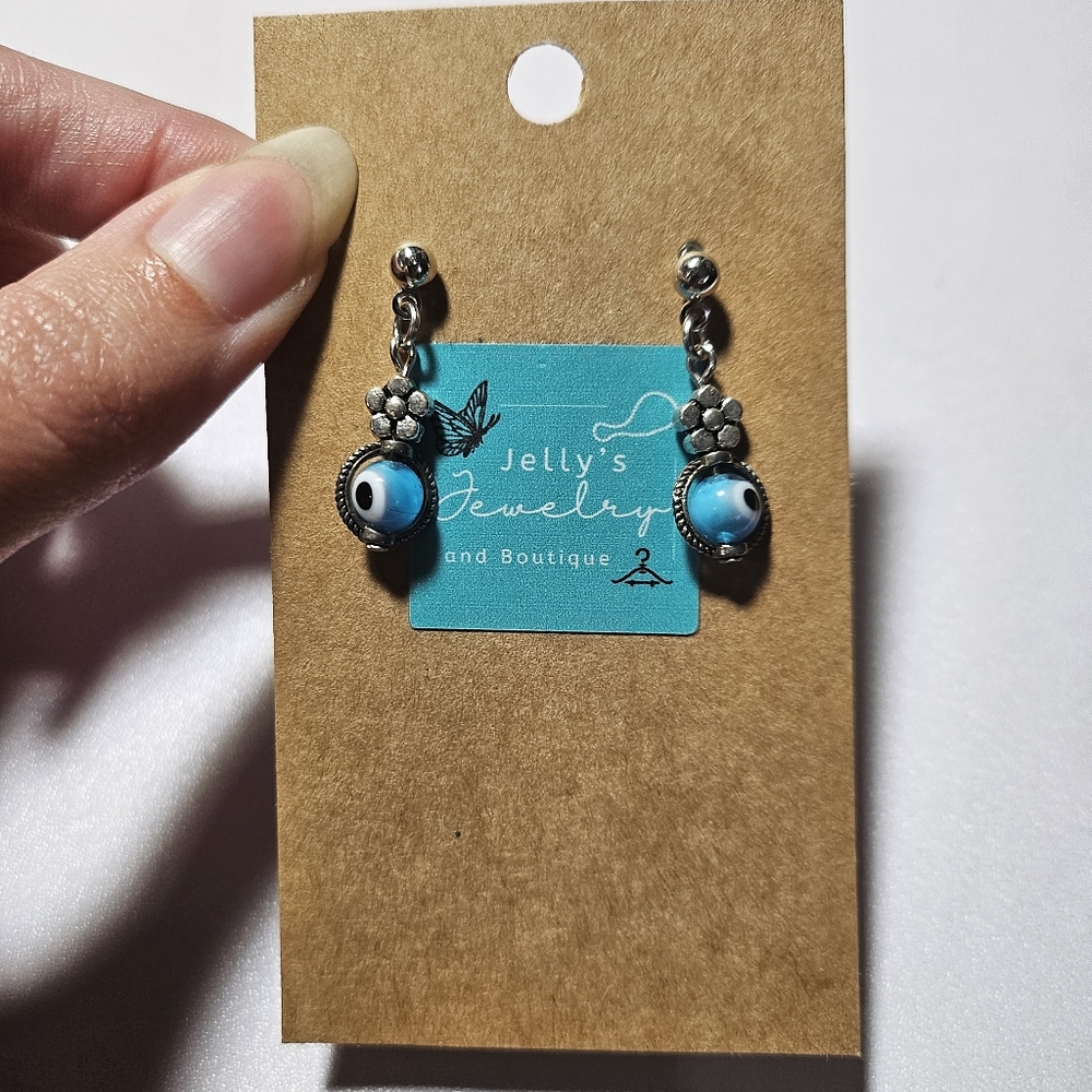 Jelly's Jewelry and Boutique Handcrafted Silver Flower & Blue Evil Eye Earring